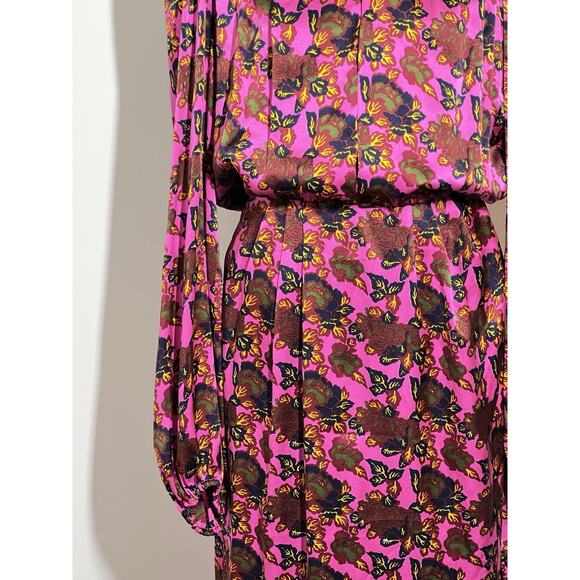 VTG Michel Goma Saks Vibrant Pink Floral Silk Long Slv Dress France 42 US M/L - Picture 3 of 11